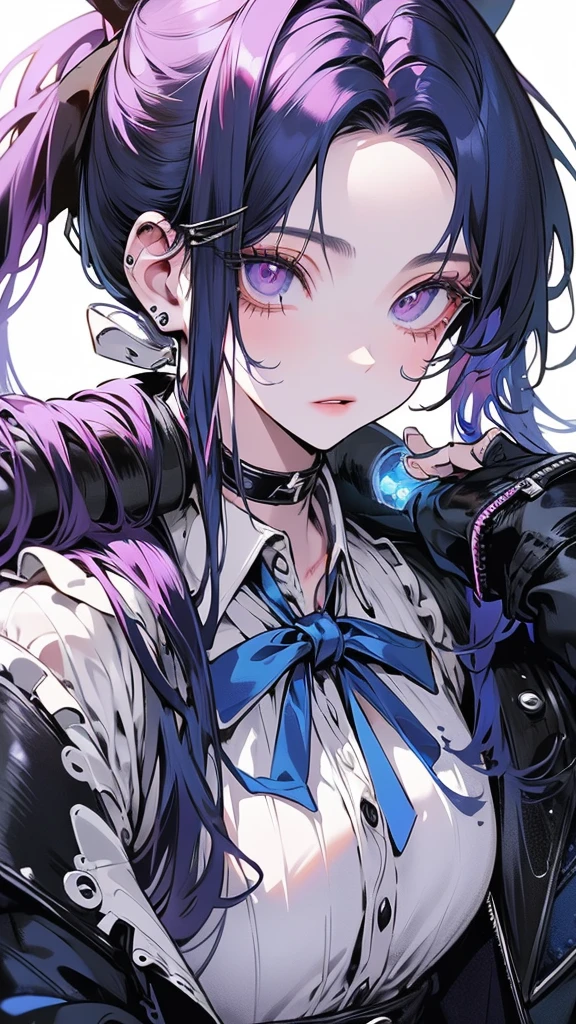 (Top resolution、Distinct_image)top-quality、(A girl) 、​masterpiece、highly detailed, half body, Semi-realistic、 purple eyes 、18year old,
 ( blue hair) ,young 、Exquisite facial features、Facial features ,variation potrait, long  hairstyles,  , teenage, cool , cold sharp eyes, , {Very detailed 8k CG unit wallpaper}, students, whit oversized shirt , black tie, music classroom, (blue jacket on top)