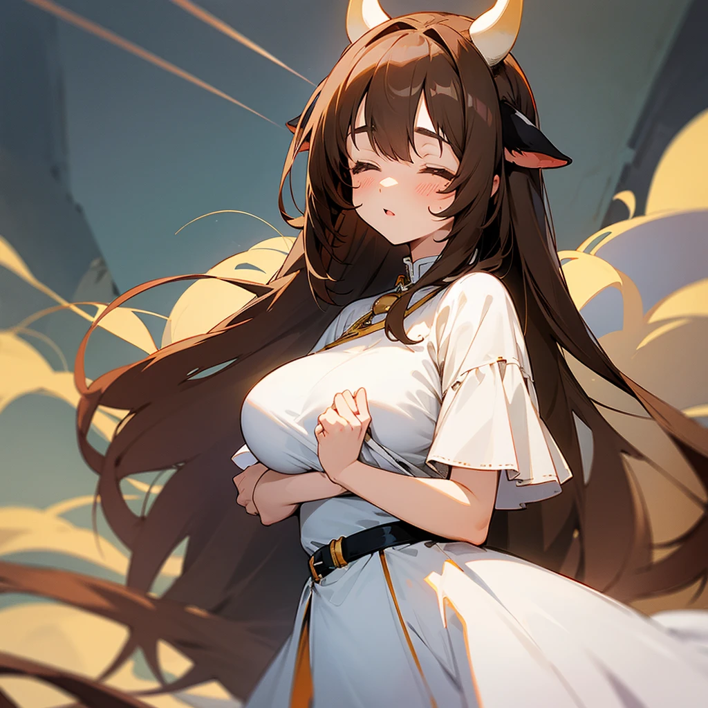 Anime cute girl, cow ears, little cow horns, cow tail, brown hair, bangs covering her eyes, massive breasts, white dress with black Stains
