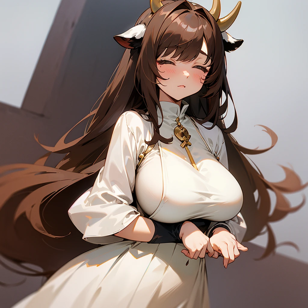 Anime cute girl, cow ears, little cow horns, cow tail, brown hair, bangs covering her eyes, massive breasts, white dress with black Stains