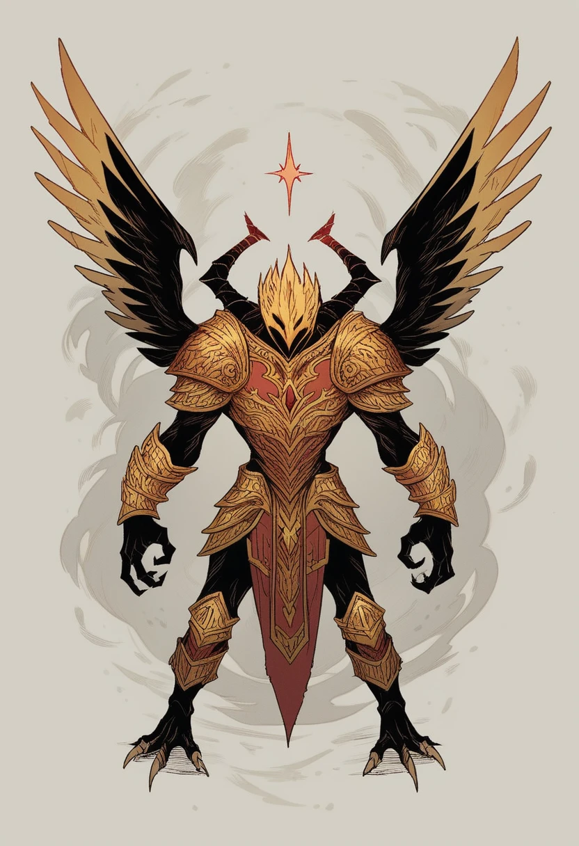 abstract and surreal depiction of a pride demon is made from smoke and haze, the demon has large, eagle-like wings and a body covered in gleaming golden armor, Its head is adorned with a spiky crown, and its eyes sparkle with arrogance, The demon’s limbs are long and slender, exuding confidence and authority, (faded color) palette is gold and vibrant red, with intricate, soft yet sharp lines to, featuring dark, ominous tones ,mystical atmosphere, basic background, minimilism