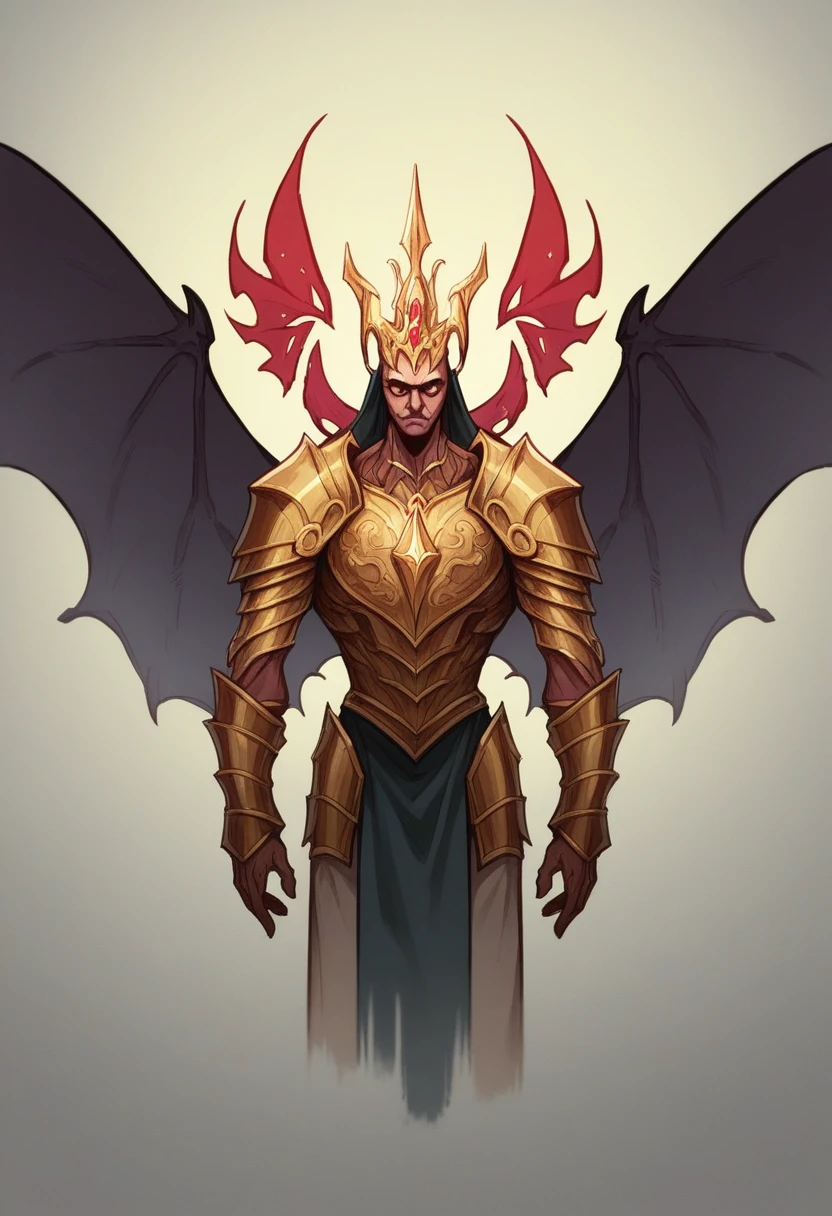 abstract and surreal depiction of a pride demon is made from smoke and haze, the demon has large, eagle-like wings and a body covered in gleaming golden armor, Its head is adorned with a spiky crown, and its eyes sparkle with arrogance, The demon’s limbs are long and slender, exuding confidence and authority, (faded color) palette is gold and vibrant red, with intricate, soft yet sharp lines to, featuring dark, ominous tones ,mystical atmosphere, basic background, minimilism