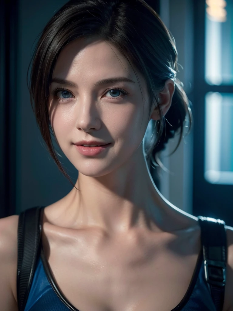 a highly detailed and realistic portrait of the character Jill Valentine from the Resident Evil video game series, with a seductive smile, set in a post-apocalyptic environment, 4k, 8k, high resolution, masterpiece, ultra-detailed, colorful, extremely detailed, photorealistic, photo-realistic, physically-based rendering, professional, vivid colors, sharp focus