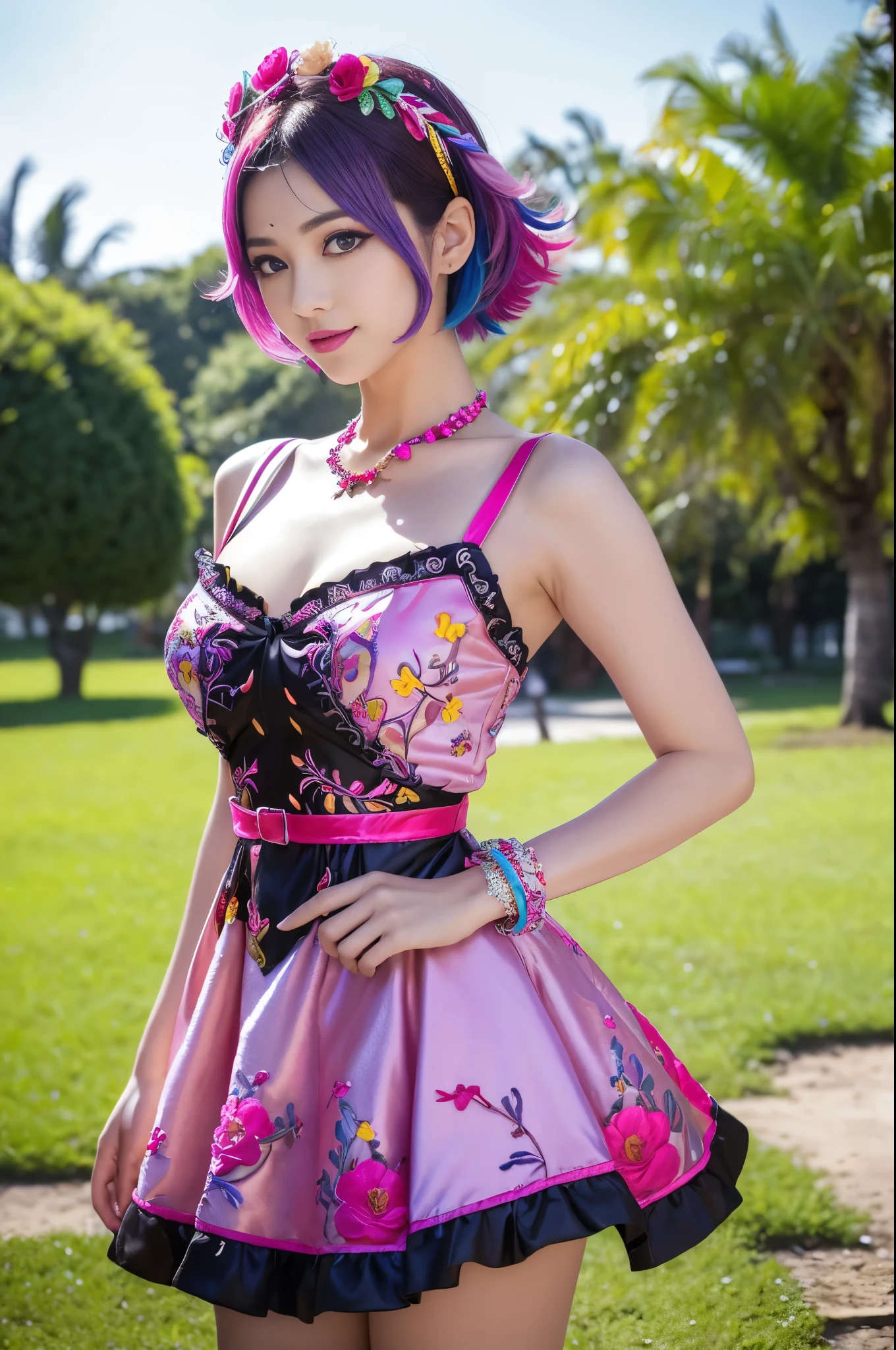 (masterpiece:1.4), (best quality:1.4), ultra high res, ultra high resolution, ((ultra detailed facial features)), HDR, (realistic, photorealistic, photo-realistic:1.37), full body Esbian, sexy Swedish model, (-anime), vivid colors, ((vivid colors multicolor (fuchsia, pink, light blue, purple) very short hair)), (seductive smile), ultra detailed metallic makeup, lip-gloss, long lashes, defined eyebrows, wearing large sparkling colorful jewelery, wearing a red silk Paradise Kiss cosplay dress with black floral embroidery, ((vivid colors outfit)), vivid colors, look at the camera, cinematic light, large park background with trees, sweet and sexy pose