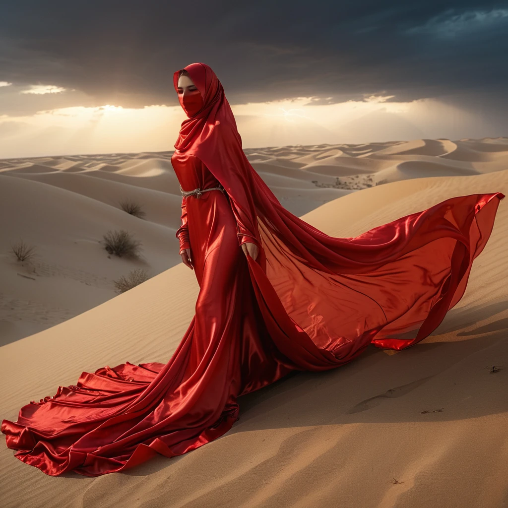 a sexy a woman covered in red satin cloth, mummified in satin, ghost sheet,tied tight in satin, shape like mermaid, tight in leg, wearing a satin hijab, the satin is very long, forming the curve of the body,dramatic flowy satin,strugle to move,full body, masterpice, flowy satin blow by wind,4k resolution, ultra-realistic, highly detail, great lightning.