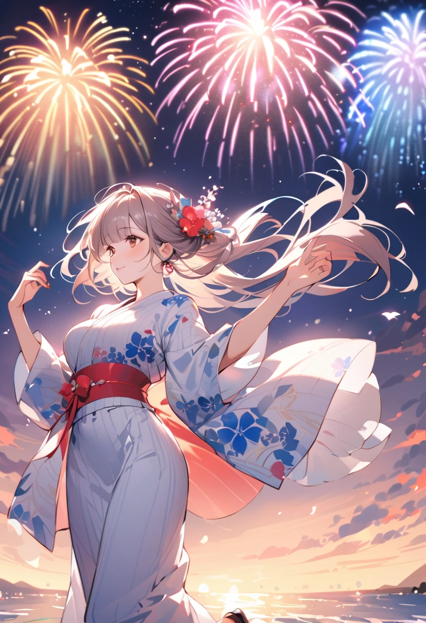 Modern watercolor painting of beloved wife in yukata, Watch the fireworks display. The scene is romantic and captivating, Very big and vivid fireworks are launched in the sky. The wife is beautiful and graceful, With a gentle expression and flowers blooming in the hair.