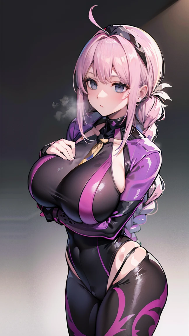 1 girl,NSFW,Mockingbird, (fgo),florence Mockingbird, pink hair, by the wide,  hair braid, side locks, folded ponytail, single braid, braid, braided ponytail, clavicle, absurd, brainwashing,fighter, empty eyes,((bright purple eyes 1.5))( huge breasts ), No expression, emotions removed,((Black Shadaloo Suit)),set aside , whole body form, ((Stand, greeting)),(of the highest quality、4k、8k、High resolution、should have:1.2)、Super detailed、(reality、He&#39;s realist、realist:1.37)、heart、hyper high definition、studio lighting、ultra definition paint、sharp focus、Physically based representation、Extreme details、Professional specifications、vitality and color、blurred、sports portrait、landscape、horror style、anime big breasts、sf、Photography、Conceptual artist、Five fingers, perfect body,  {{{masterpiece}}}, {{{of the highest quality}}}, {{Super detailed}}, {form}, {{very delicate and beautiful}},Improved cost performance、all roles、Canon 5D MK4でPhotography、Photography, 