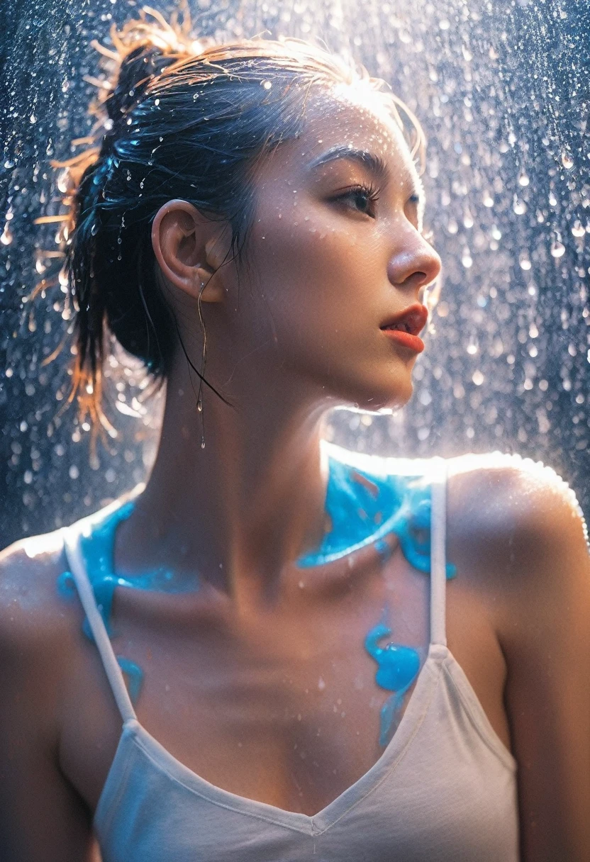 xxmixgirl, 1girl wet tshirt water drops, splash detailed, surreal dramatic lighting shadow (lofi, analog), kodak film by Brandon Woelfel Ryan McGinley