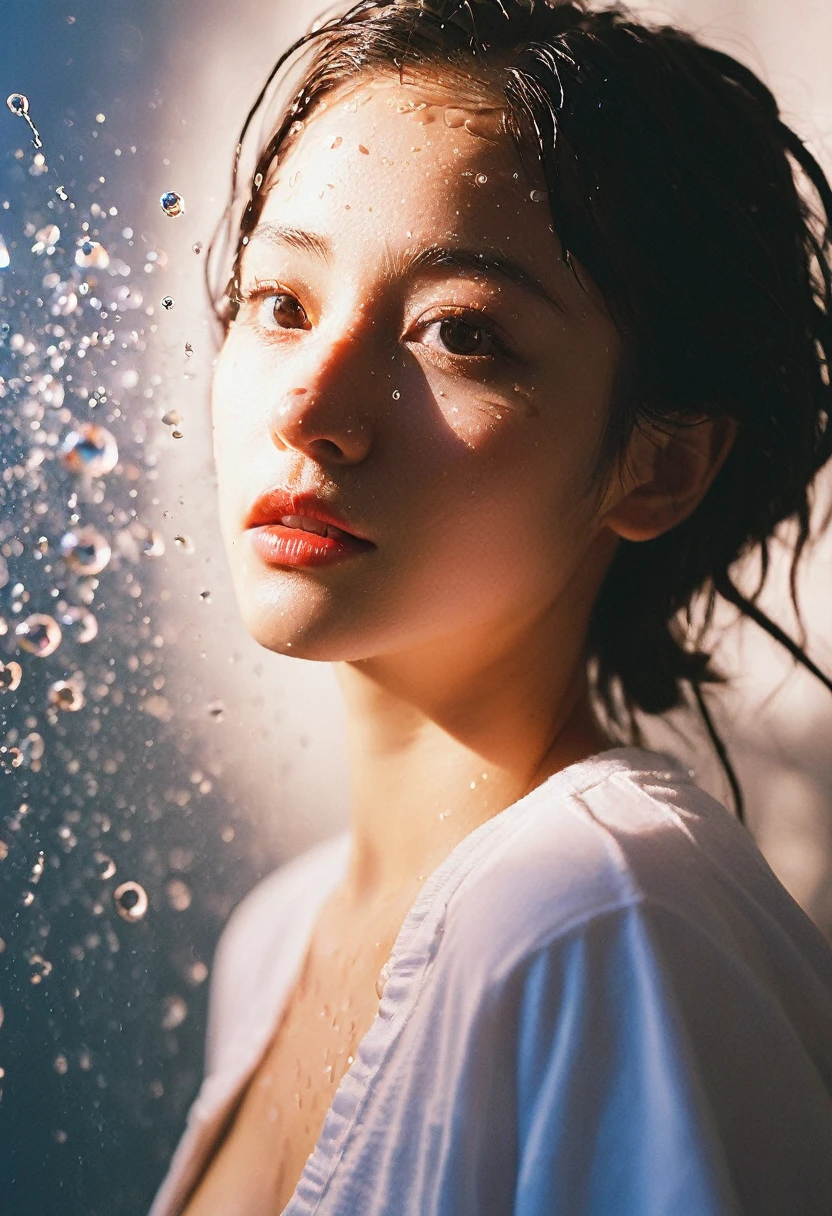 xxmixgirl, 1girl wet tshirt water drops, splash detailed, surreal dramatic lighting shadow (lofi, analog), kodak film by Brandon Woelfel Ryan McGinley