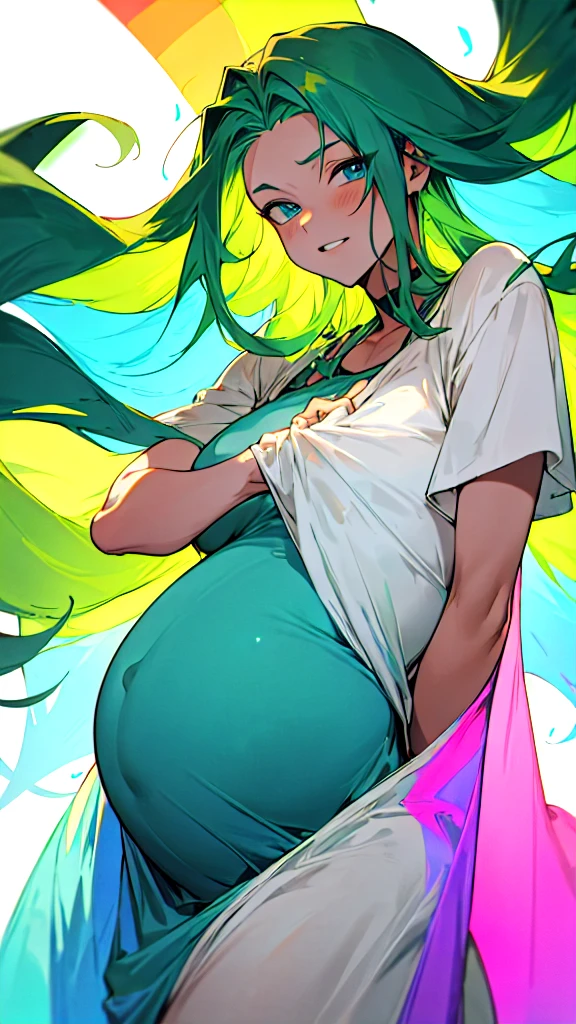 Pregnant trans man,long dark green hair, blue eyes, rainbow dress