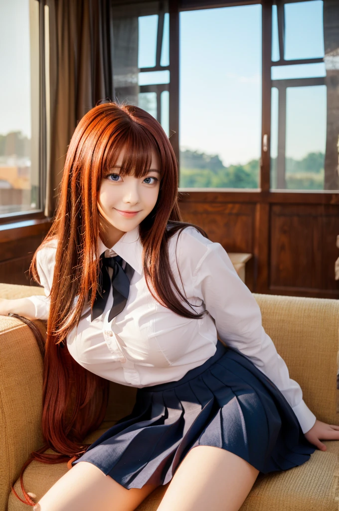 Rias_Gremory, black ribbon, white collared shirt, red pleated skirt, black capelet
(pikkyriasgremory, high school dxd, blue eyes, , large breastshair, very long hair, red hair, ahoge, huge ahoge, 18 years old, thurime) (standing, smilling, front point of view) (outfit: , skirt) ,KuohAcademyUniform, living room, curatins, window, dappled sunlight, sunset, sunset, sunset