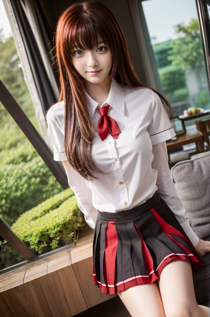 Rias_Gremory, black ribbon, white collared shirt, red pleated skirt, black capelet
(pikkyriasgremory, high school dxd, blue eyes, breasts, large breasts, long hair, very long hair, red hair, ahoge, huge ahoge, 18 years old, thurime) (standing, smilling, front point of view) (outfit: , skirt) ,KuohAcademyUniform,  living room, curatins, window, dappled sunlight, sunset, sunset, sunset