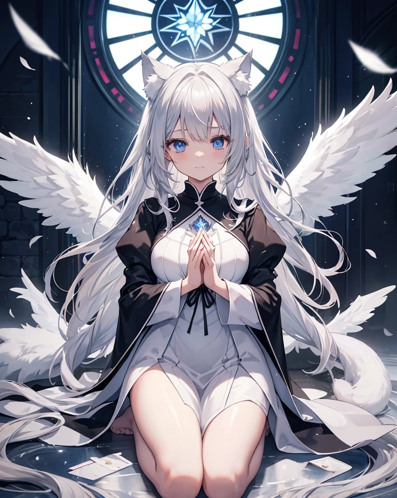 Very long hair、Silver Hair、Detailed sparkly eyes、Blue eyes、Three pairs of angel wings、Embarrassing、Nervous smile、shine、reflected light、ultra clear digital painting、 anime masterpiece、Textured Skin、Super Detail、High Detail、high quality、最high quality、High Resolution、16K、shine、Monastic Clothes、Nuns、church、Stained glass. ((neko ears)), ((silver fox tail)), she's praying and a light come from the above to fullfill her requests while lots of white and black feather are falling from the sky. HDR, lots of light effects and lightflare. she's skinny with medium breasts.