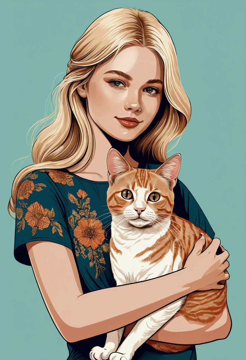 Illustration of the upper body of a beautiful blonde girl holding a cat