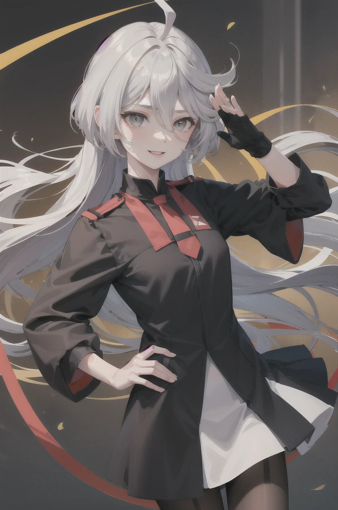masterpiece, Highest quality, High resolution, Urine 1, Myolin Remblanc, Asticasia ,Being seen by many, Long Hair, Grey Eyes, Grey Hair,Ahoge、 bangs, Hair between the eyes, Black Pantyhose, Floating Hair, red tie, Medium chest, upper_body, (salute:1.1), Hands on hips, smile.naked、全naked
