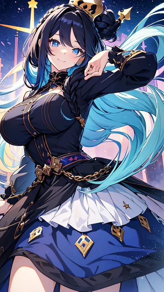 best quality, extremely detailed,anime style girl,long hair down to the waist, straight hair, ((dark black hair with bluish)),((crown braid)),beautiful detailed eyes, pinched eyes, (dark blue eyes),huge breasts,curvy,((cutie colorful dress)),Fine decoration,clothing with complex patterns,smile,café,Diagonal angle,dynamic angle,active pose