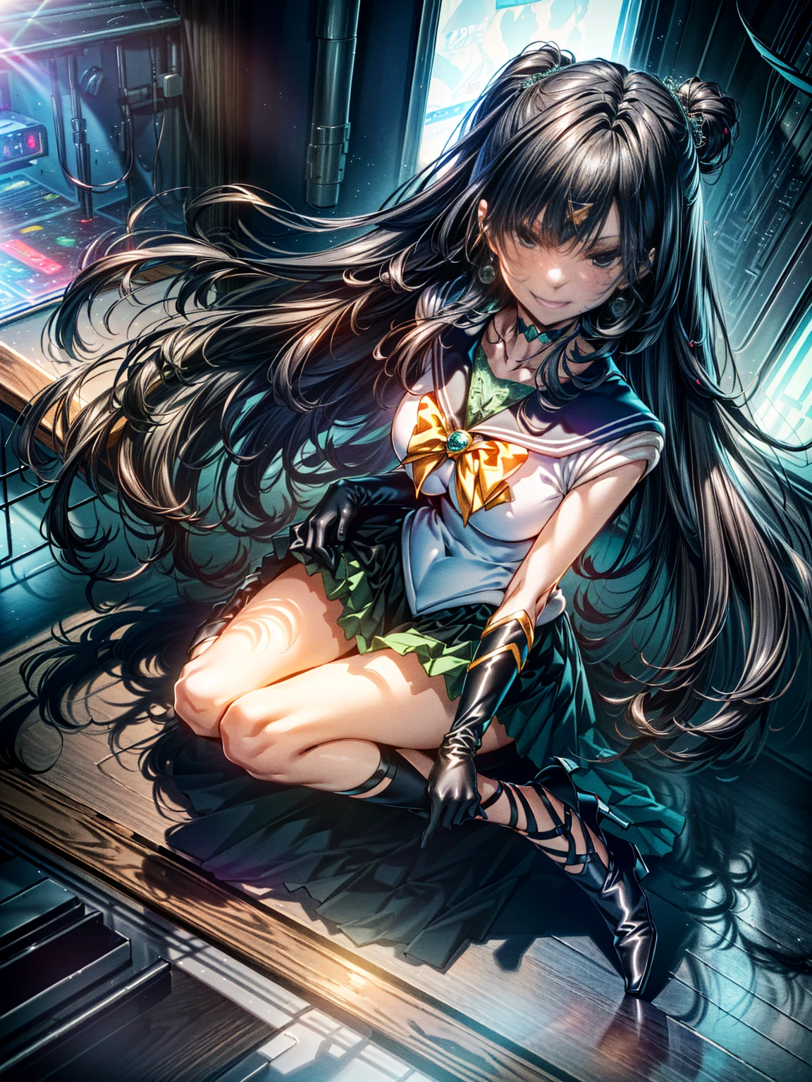 Perfect Anatomy,(12k, Highest quality, masterpiece:1.2),\(Beautiful Eyes\),\(Facial Features\),(\(Costume details Details\)\),(Big Lesbians , Super Skirt,Sailor Moon Costume,(Face Focus) ,Very detailed CG Unity 12K wallpaper,Large file size,Very detailed,High resolution,Absurd,Beautiful Eyes,Ray Tracing,Dramatic Shadows,Down to the last detail,elevation,Hyper Detail,(alone),Anime Style、Very long straight hair、Black Hair、Black sailor collar、Black Absolute Short Mini Scarbow Gloves、(In the evil research facility:1.3),(whole body:1.5),(Wicked Smile:1.5),
