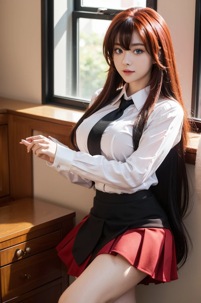 Rias_Gremory, black ribbon, white collared shirt, red pleated skirt, black capelet
(pikkyriasgremory, high school dxd, blue eyes, breasts, large breasts, long hair, very long hair, red hair, ahoge, huge ahoge, 18 years old, thurime) (standing, smilling, front point of view) (outfit: , skirt) ,KuohAcademyUniform, living room, curatins, window, dappled sunlight, sunset, sunset, sunset