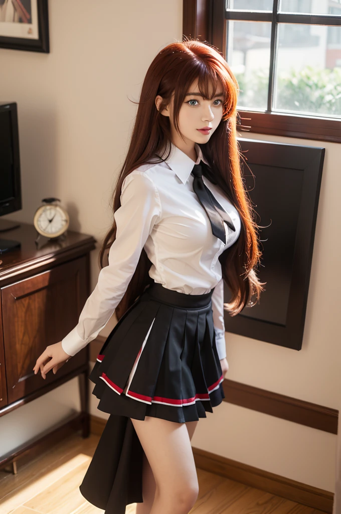 Rias_Gremory, black ribbon, white collared shirt, red pleated skirt, black capelet
(pikkyriasgremory, high school dxd, blue eyes, breasts, large breasts, long hair, very long hair, red hair, ahoge, huge ahoge, 18 years old, thurime) (standing, smilling, front point of view) (outfit: , skirt) ,KuohAcademyUniform, living room, curatins, window, dappled sunlight, sunset, sunset, sunset