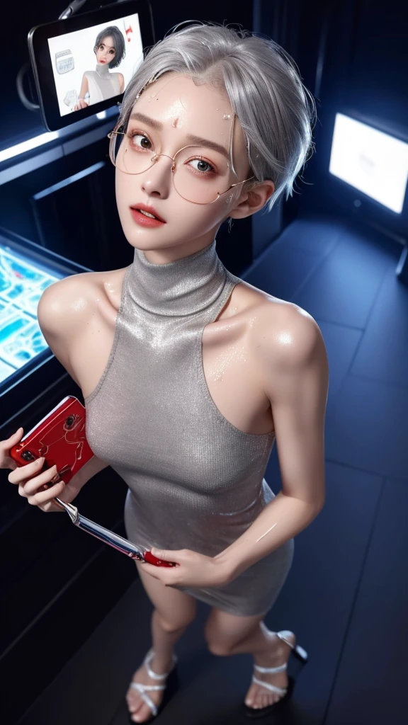 Ridiculous resolution, Very detailed, best quality, illustration, 8ก, high definition, gray hair、Pixie short、forehead、cornea、short、small size、Midnight Pin Heal、 Thin, Cumin ,have straight hair、short hair, glasses , (((sweat)))、Turtleneck dress、skins、stiletto sandals、Beautiful legs、
There is a mobile game console.,now、back alley、Whole body painted、detailed face、delicate face、Fine skin、Shiny skin、detailed face、delicate face、Fine skin、Shiny skin、Beautiful face、perfect face、Very beautiful face and eyes、charming face、angle from above、look up、Nightclub、