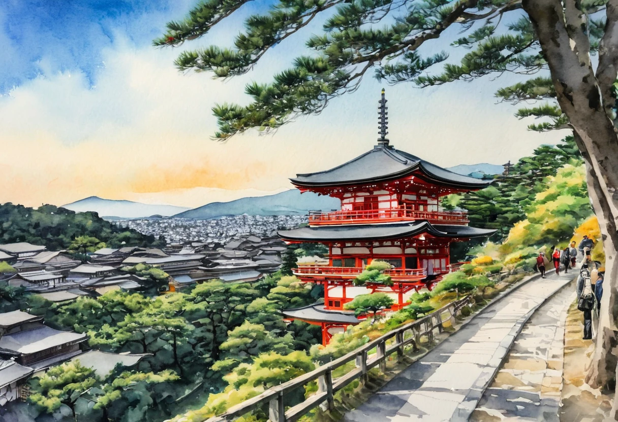 (Street:1.5), (ink and watercolor painting:1.5), (Tasteful:1.5), (ink and watercolor painting:1.5), (full color:1.5), 8k, 4k, (landscapes:1.5),(trees:1.5),(wind:1.5),(kyoto:1.5),kiyomizu temple in background