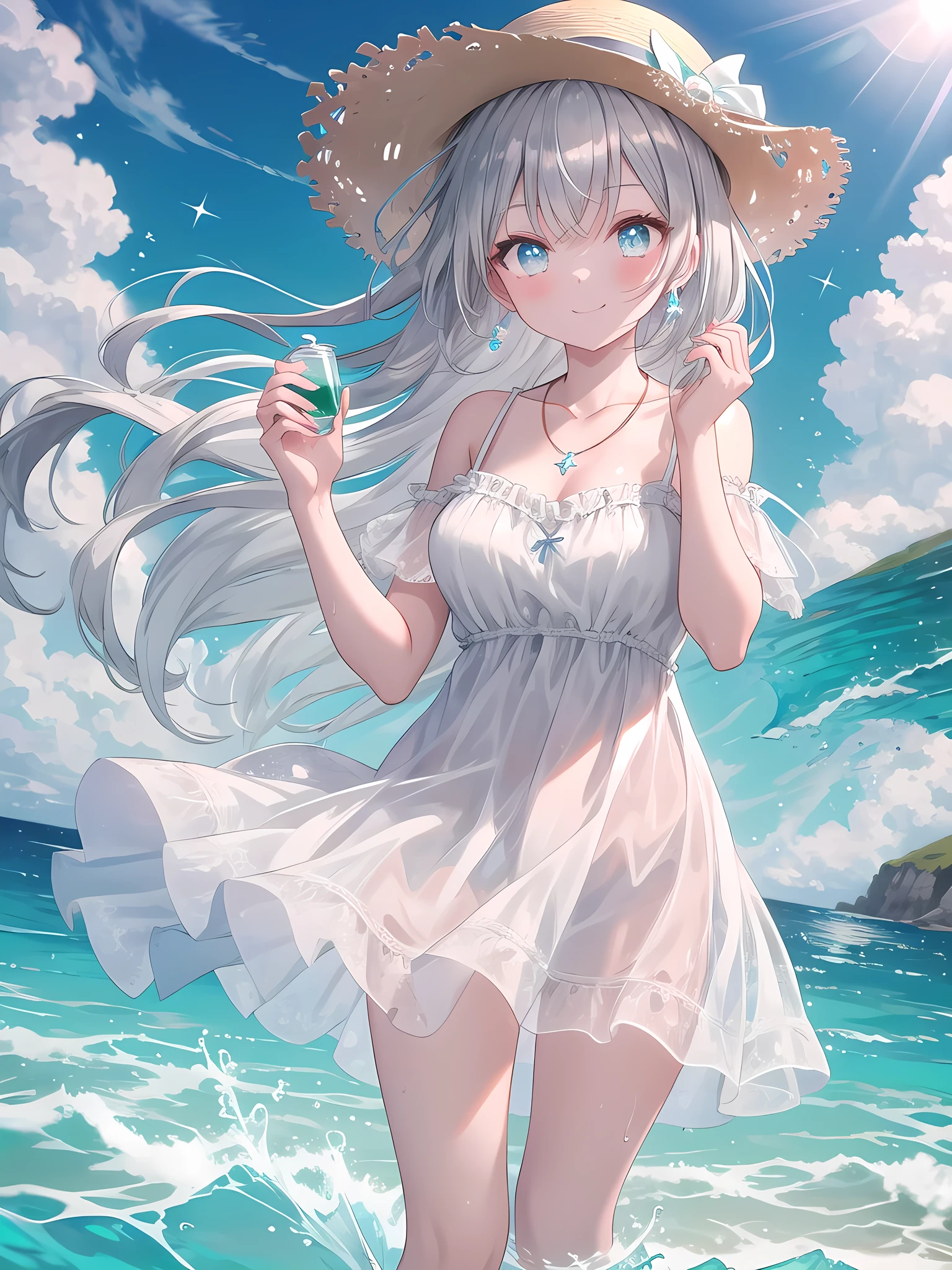 ((8k, best quality, master piece: 1.3)),super high resolution,(1 girl, solo), (colorshift eyes, hyperdetailed, expressive sparkling, glitter, glowing eyes), ultra detailed eyes, ultra-detailed face, random hair, ((silver gray color)), At a seaside resort, a silver-haired woman is wearing a thin white beach dress and sparkling flip-flops. In the background is a blue sky and an emerald green sea, and the sound of the waves can be heard quietly. She is wearing a large straw hat, holding sunglasses in her right hand and dipping her feet in the water with her left hand. The hem of her dress flutters in the wind, and the soft silk material sparkles in the sunlight. A silver necklace sparkles around her neck, and the sunlight reflects off it, making it shine even more. She smiles at the camera and looks at it with amusement.