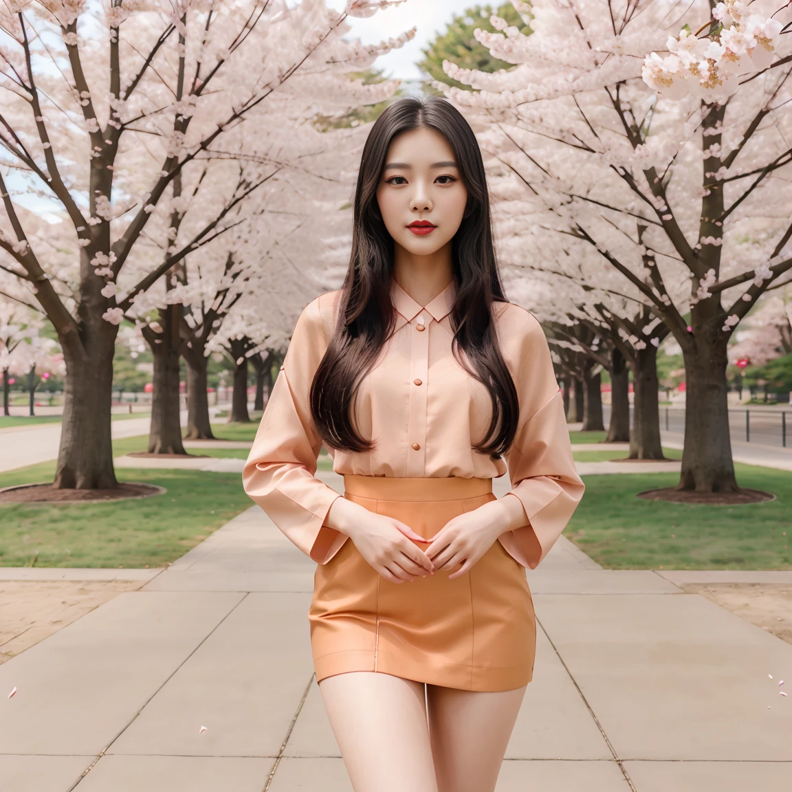 a beautiful young korean woman, long black straight hair, full red lips, posing for camera, cherry blossom park, cinematic lighting, warm colors, dreamy atmosphere, photorealistic, high quality, 8k, hyper detailed, masterpiece