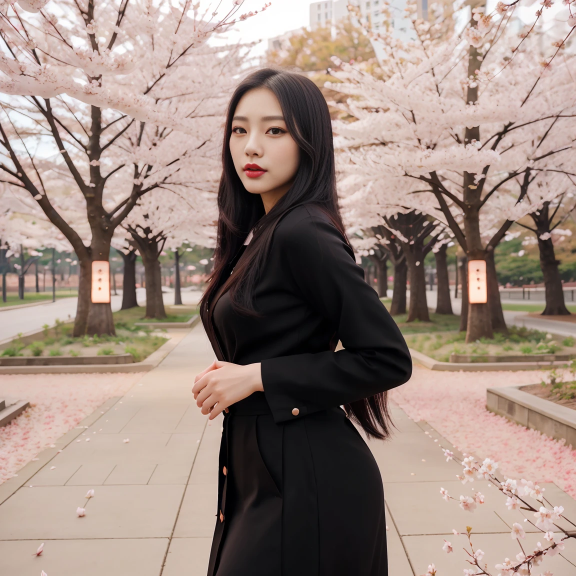 a beautiful young korean woman, long black straight hair, full red lips, posing for camera, cherry blossom park, cinematic lighting, warm colors, dreamy atmosphere, photorealistic, high quality, 8k, hyper detailed, masterpiece