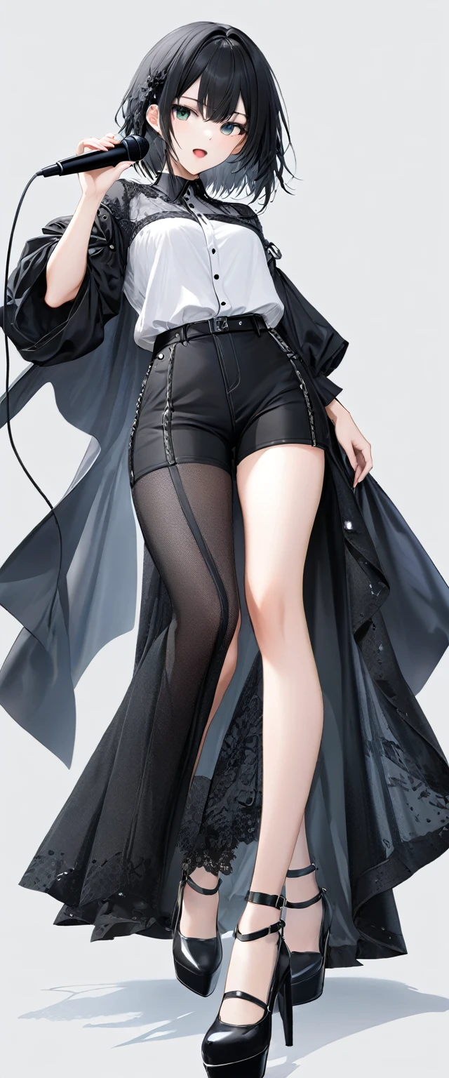 (((White background:1.5)))、(A Scandinavian gothic metal girl singing with a microphone in both hands and an open mouth),(The entire subject is captured),(((full body:1.2))),(very wide shot)、(masterpiece、Ultra HD、Highest quality、Masterpiece、４K:1.2)、Slender body、Intense gaze into the camera, Highly detailed eyes, Highly detailed fingers、Short black hair、Top is a shirt、Shorts underneath, Wearing high heels、Dynamic pose、singing coolly、frontal face