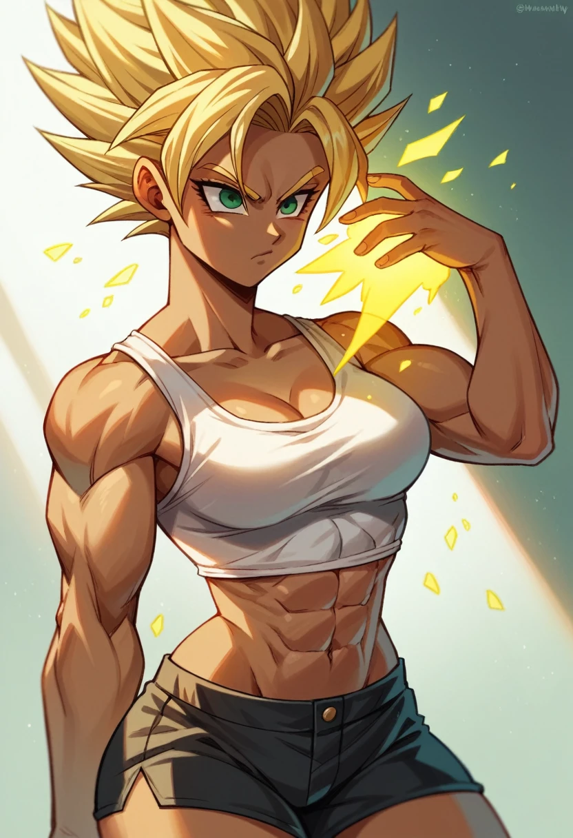 1 girl ,Saiyajin, yellow hair combed back, greeneyes, Scrawny, Waist slender, Broad Hips, brown skin color, medium breasts, white top, Black shorts. super saiyan, rays around, yellow energy aura