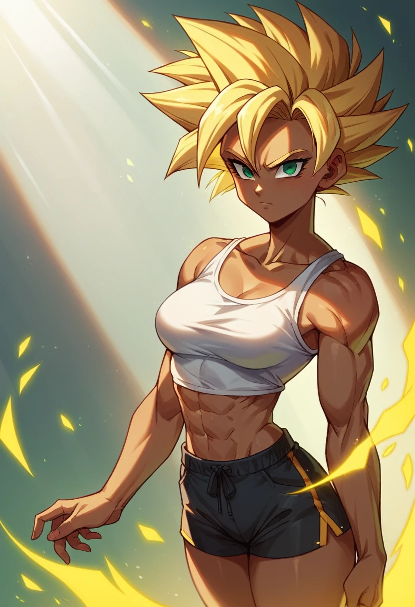 1 girl ,Saiyajin, yellow hair combed back, greeneyes, Scrawny, Waist slender, Broad Hips, brown skin color, medium breasts, white top, Black shorts. super saiyan, rays around, yellow energy aura