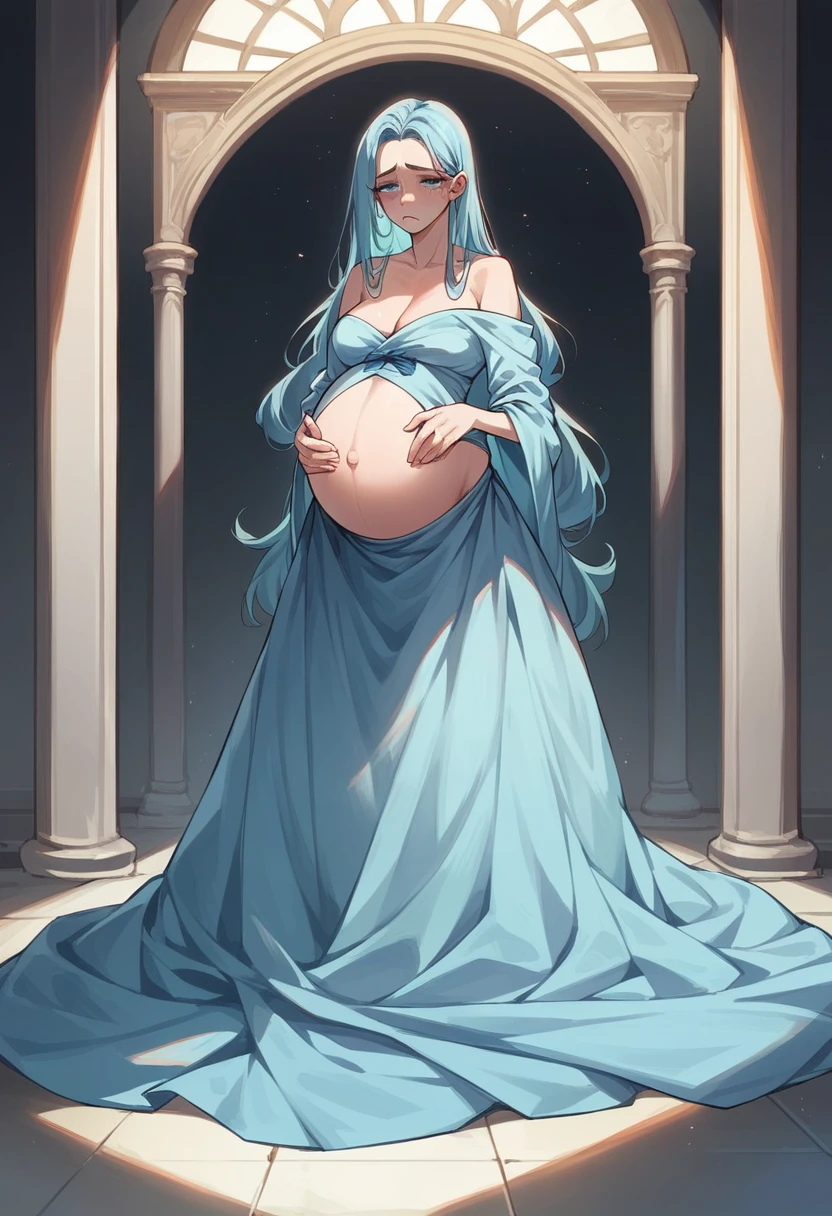 pregnant beautiful sad girl with blue long hair, blue eyes, light blue long dress, light blue heels, with a sad expression on her face and tears on her eyes