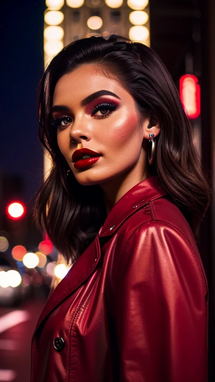 - "resolution, realisitic, young woman, 19 years old, Bust Big, detailed face and body ,red lips, Vibrant, photorealisitic, hight contrast, Urban context, city lights, Street fashion, night time, fashionable outfit, stylish makeup and hair