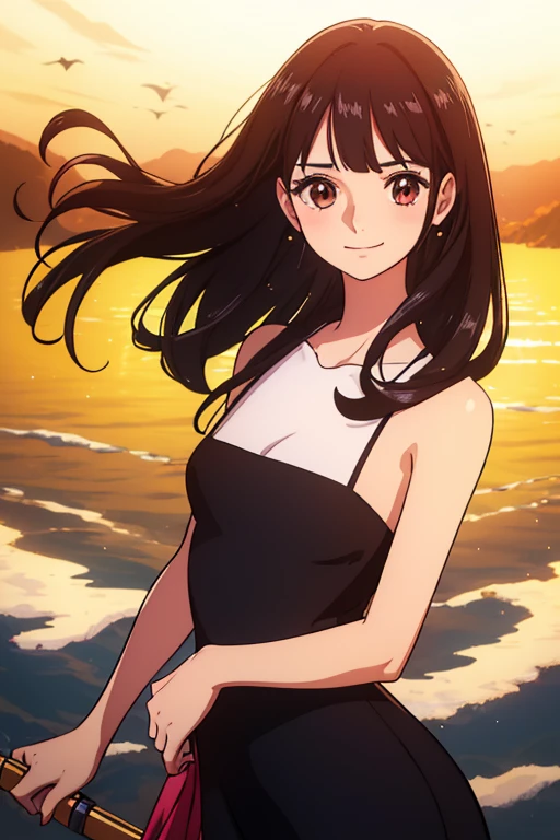 (best quality,4k,8k,highres,masterpiece:1.2), ultra-detailed, Animated, girl, mature face, long black hair, brown eyes, black hair, cool girl, flat girl, one shoulder sparkling dress, long hair one sided and wavy, very chic, makeup, smiling blushing, no bang,