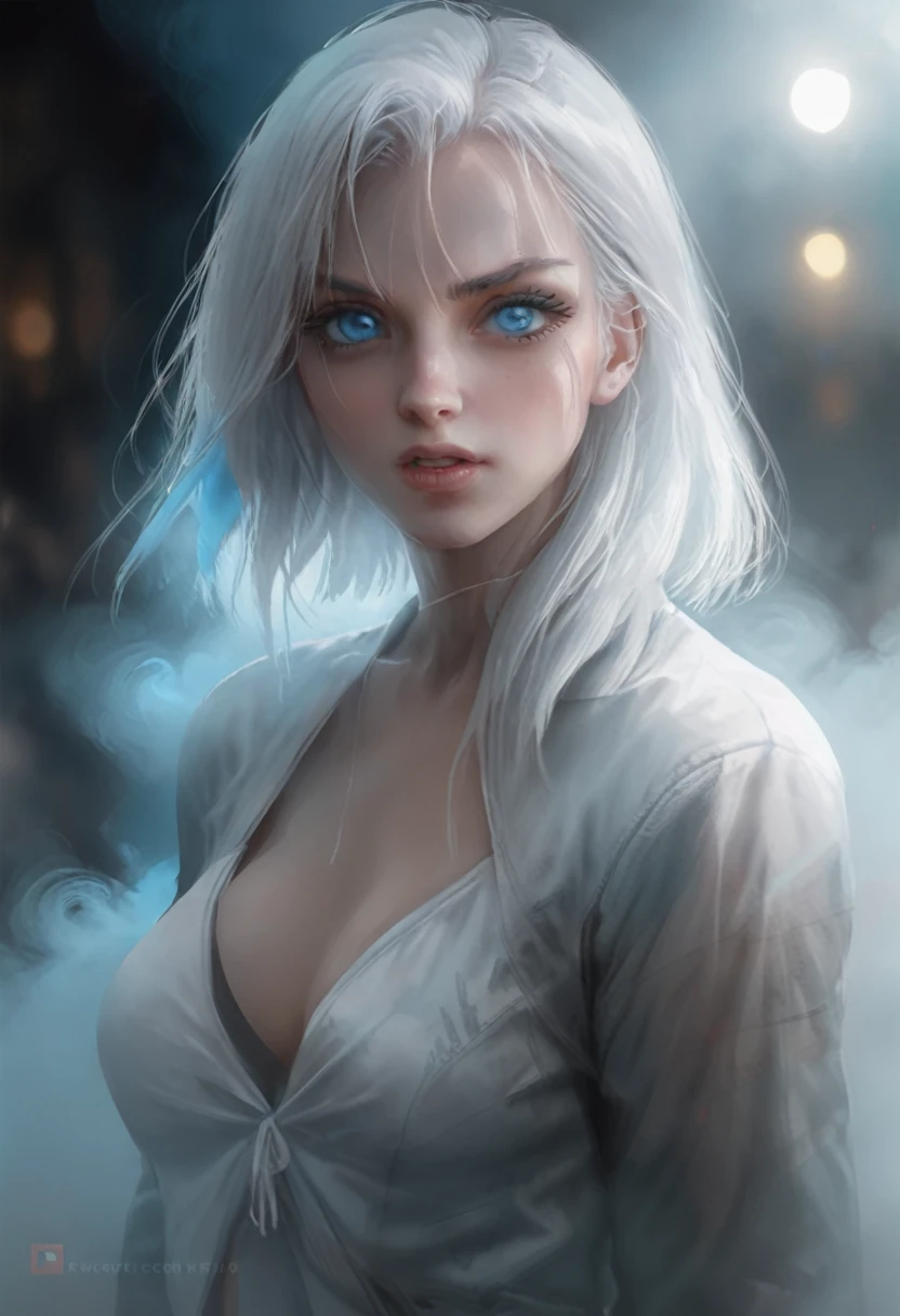 High Quality illustration,ultra detailed, Beautiful picture of A painting of a  beauty, blue eyes and white hair , Fog, cinematic shot, haze lighting, 16k, uhd, blurry masterpiece,cinematic, epic, oil painting 