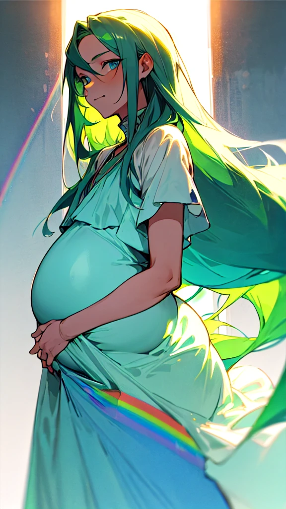 Pregnant trans man,long dark green hair, blue eyes, rainbow dress