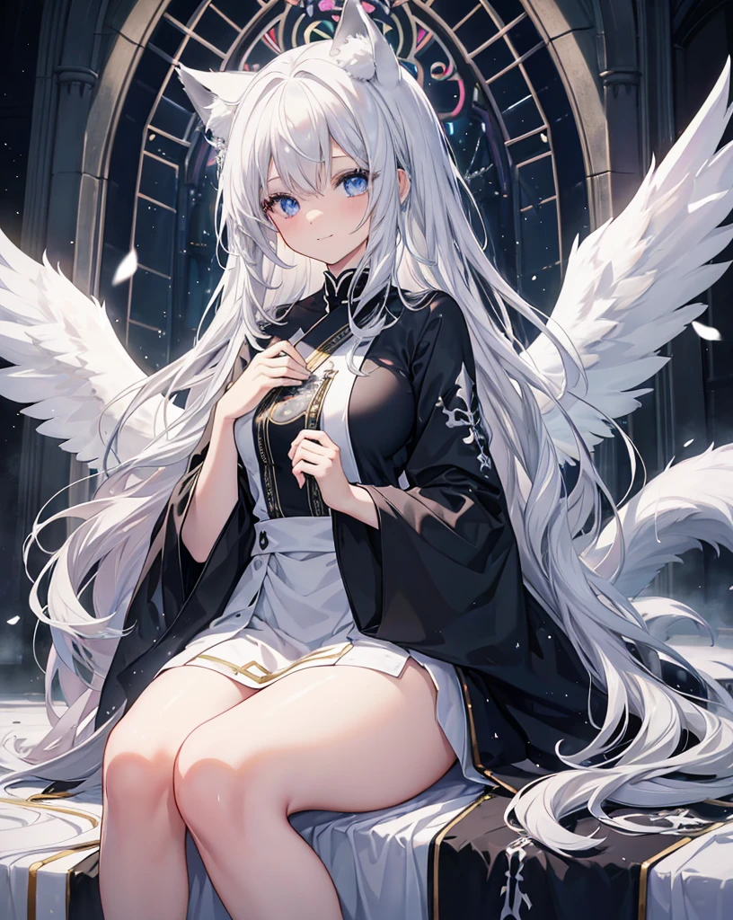 Very long hair、Silver Hair、Detailed sparkly eyes、Blue eyes、Three pairs of angel wings、Embarrassing、Nervous smile、shine、reflected light、ultra clear digital painting、 anime masterpiece、Textured Skin、Super Detail、High Detail、high quality、最high quality、High Resolution、16K、shine、Monastic Clothes、Nuns、church、Stained glass. ((neko ears)), ((silver fox tail)), she's playing the piano while lots of white and black feather are falling from the sky. HDR, lots of light effects and lightflare. she's skinny with medium breasts.