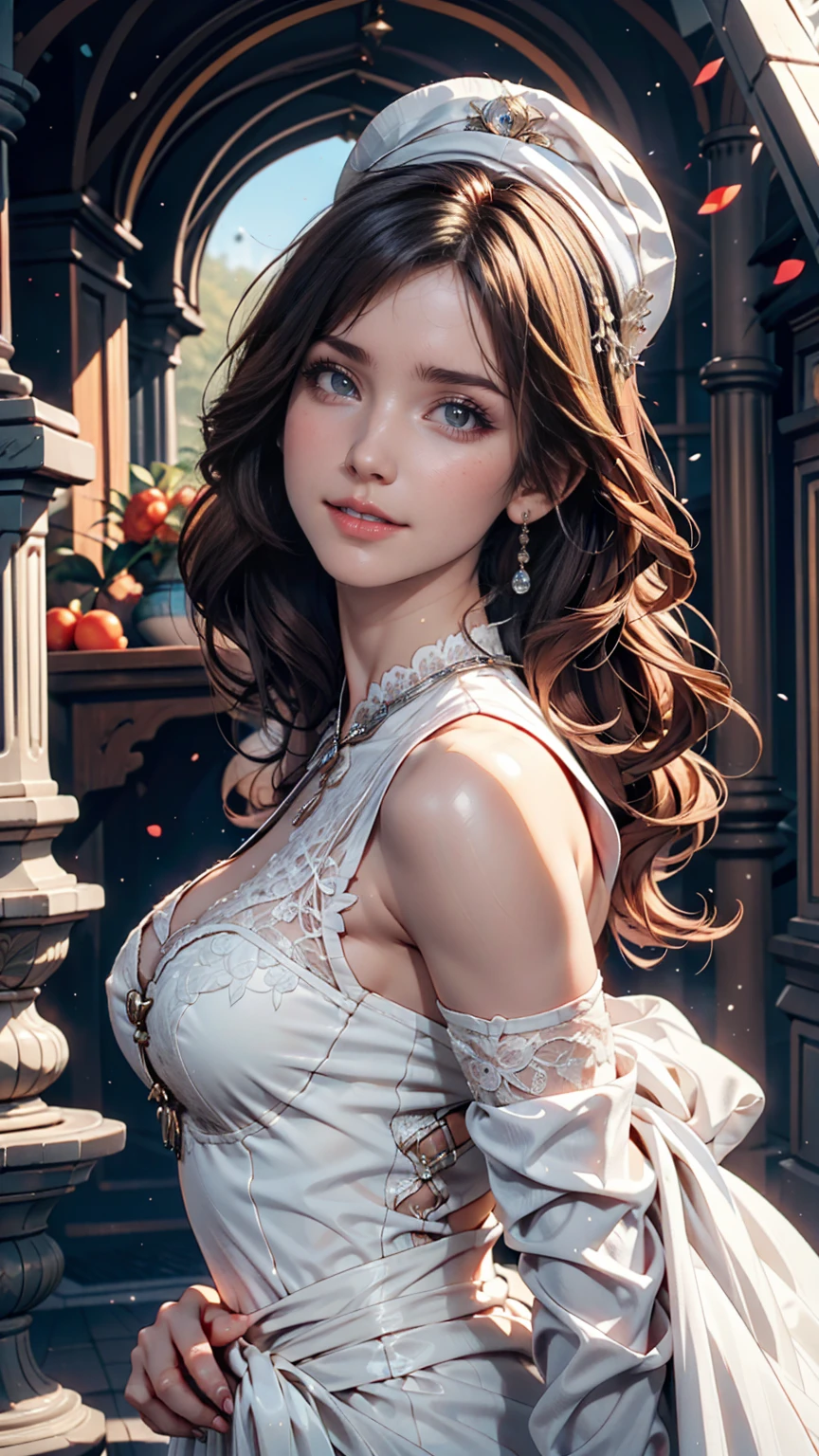 Arabian woman wearing a white hat and a lace-decorated summer dress with red lipstick, pale White skin like porcelain, Gwaiz, Gwaiz masterpiece, artwork in the style of Gwaiz, Soft Portrait Shot 8k, Pale Young Ghost Girl, White skin like porcelain, By Russell Dongjun Lu, Pale milky porcelain skin, Elegant woman with white skin、24-year-old woman、Sexy proportionature female body、Sexy proportionakeup、Textured skin((textured skin))、smile、Narrow waist