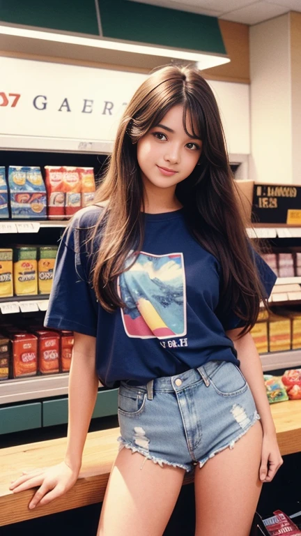 A photography of a beautiful college girl with long hair wearing a T-shirt and denim shorts in a grocery store in France in the 1970s. This photo was taken with a retro Polaroid camera from the 1970s. GenZ.