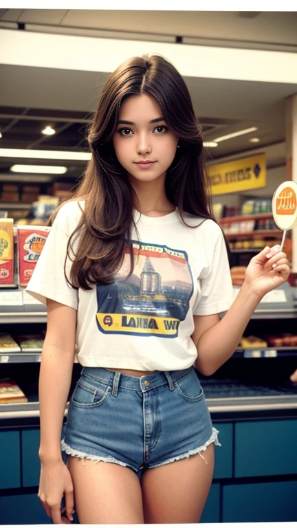 A photography of a beautiful college girl with long hair wearing a T-shirt and denim shorts in a grocery store in France in the 1970s. This photo was taken with a retro Polaroid camera from the 1970s. GenZ.