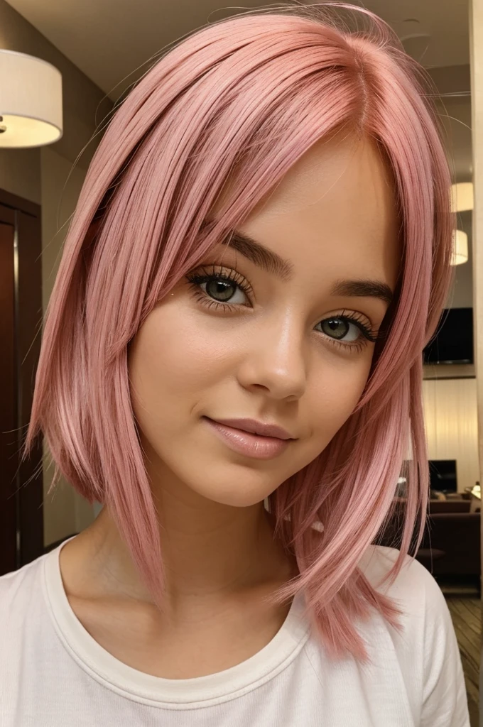 Girl with pink hair and brown eyes, staying in a hotel