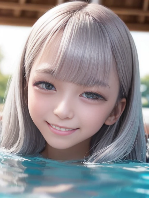 Only the face is visible above the surface of the pool、tilt your head slightly、1 girl、Bob Hair、Silver Hair、Wet、smile、masterpiece:2.3、Highest quality、Raw photo:1.2、