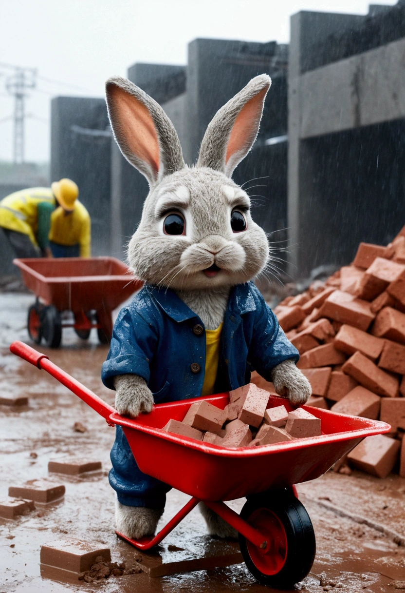 A sad little bunny pushing a wheelbarrow full of bricks in a rainstorm。The little rabbit is soaked、Dirty,Wearing ragged clothes,Sad expression,There are tears。The background is a construction site,Workers are carrying cement,There's water all over the ground。The picture is very real,Rich details crying