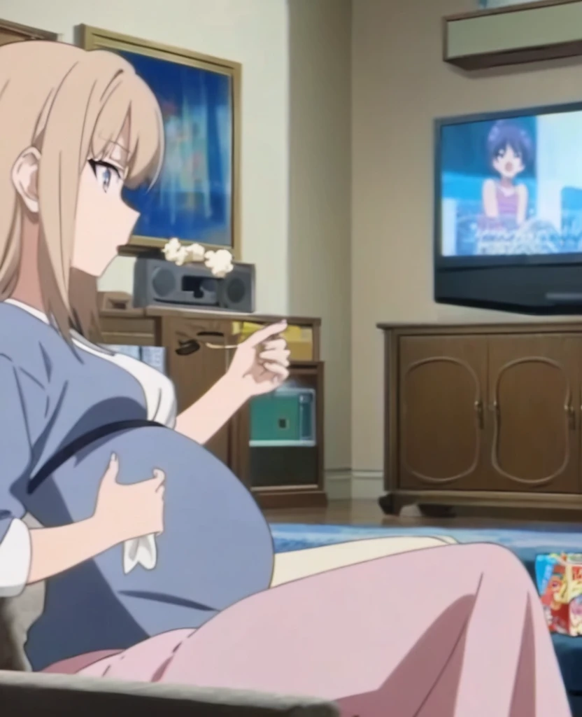 Pregnant woman, sitting on the sofa, while eating popcorn, background in the living room with TV, anime screencap