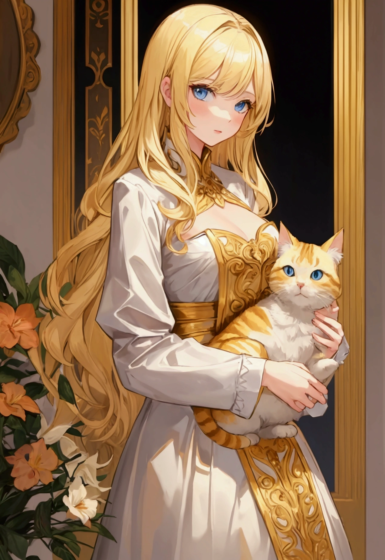 Illustration of a beautiful blonde girl holding a cat from the chest up
