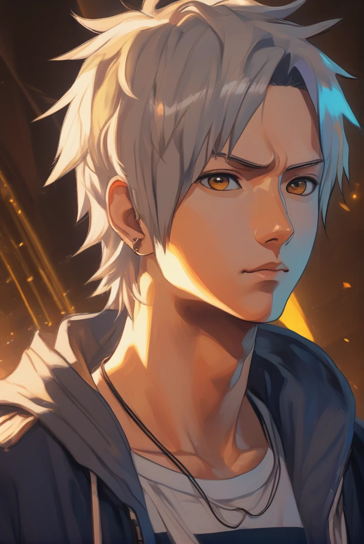 Anime-style 2.5D tom pasrel óleo portrait with a pastel oil painting effect Sasuke + Cris patt cinematic vibrant gold Black lighting, close-up on a character with detailed shaven head backdrops, piercingly detailed mel big eyes with bright pupils, portrayed in a dynamic pose, full-body with a sultry aesthetic, viewed from a dynamic profile angle gazing at the viewer, wearing detail Batam T-shirt with a rocker man personification, wearing