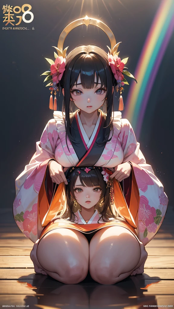 Album cover、masterpiece, Highest quality, One Girl、Hugging portraits、K-POP ,Girls group, Swimwear、kimono、Idol、8k,High resolution, ( Light_Styler:1.2)(Rainbow:1.2),(Excellent rendering, Stand out in the same class), (Amazing details, Excellent lighting, Wide-angle), Big Breasts(0.6), Detailed Background、Ultra-detailed details、