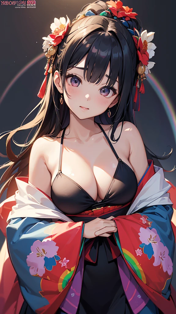 Album cover、masterpiece, Highest quality, One Girl、Hugging portraits、K-POP ,Girls group, Swimwear、kimono、Idol、8k,High resolution, ( Light_Styler:1.2)(Rainbow:1.2),(Excellent rendering, Stand out in the same class), (Amazing details, Excellent lighting, Wide-angle), Big Breasts(0.6), Detailed Background、Ultra-detailed details、