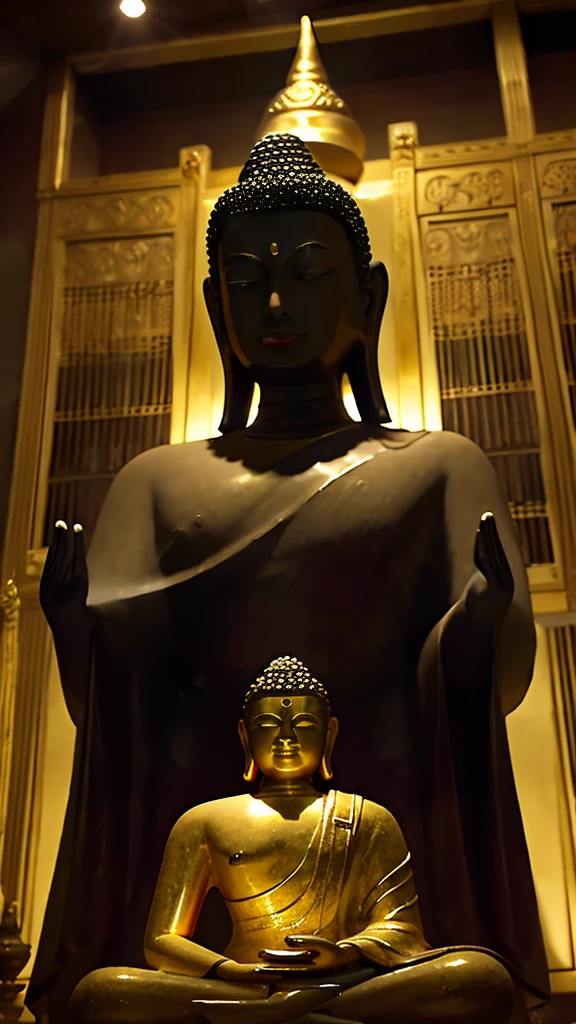 “A high-resolution image of a majestic Buddha statue with a divine aura. The statue exudes an intimidating presence. In the background, there is a serene temple, enhancing the sacred and awe-inspiring atmosphere.”