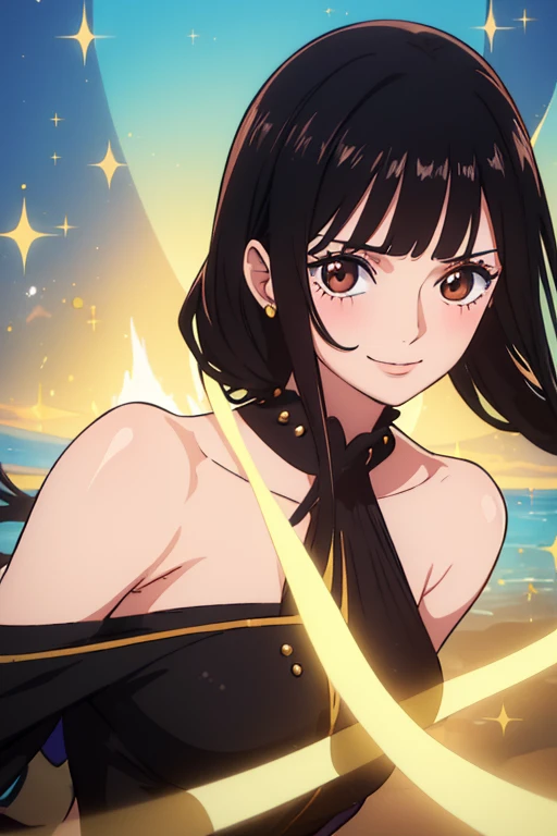 (best quality,4k,8k,highres,masterpiece:1.2), ultra-detailed, Animated, girl, mature face, long black hair, brown eyes, black hair, cool girl, flat girl, one shoulder sparkling dress, long hair one sided and wavy, very chic, makeup, smiling blushing, no bang, 