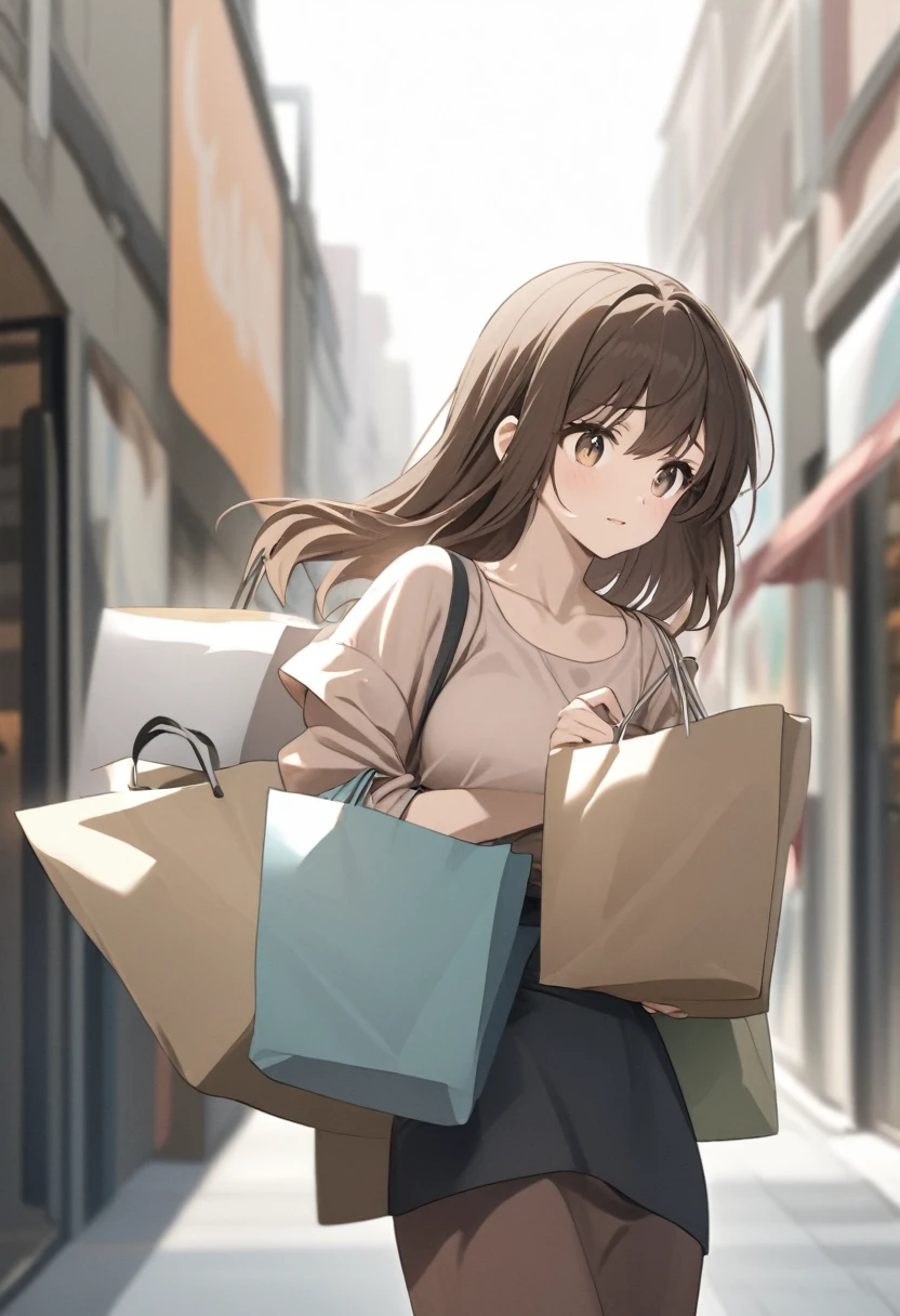 Woman with dark brown hair.Hazel eyes.Carrying shopping bags